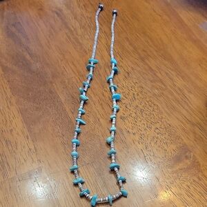 Vintage Native American Turquoise Chip Tan Heishi Silver Beaded Necklace 27in